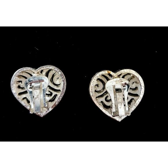 Vintage Carolee Earrings 1" Heart Simulated Diamonds Clip On Silver Filigree EUC - Picture 11 of 15